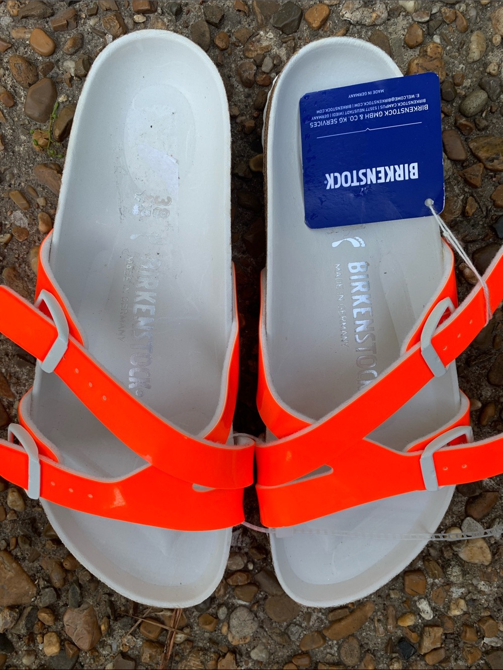 Birkenstock White Footbed Sandals with Neon Orange Straps